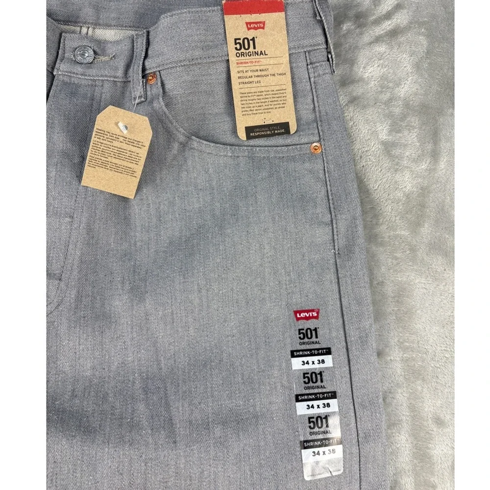 Levis Jeans Mens 34x38 501 Original Shrink-to-Fit Grey Straight Leg NEW